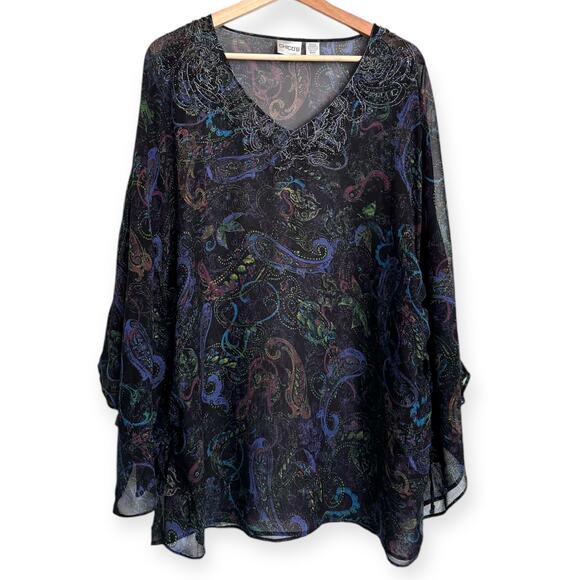 Chico's 100% Silk Sheer Paisley Print Embroidered Batwing Tunic Blouse Women's L - Picture 1 of 11